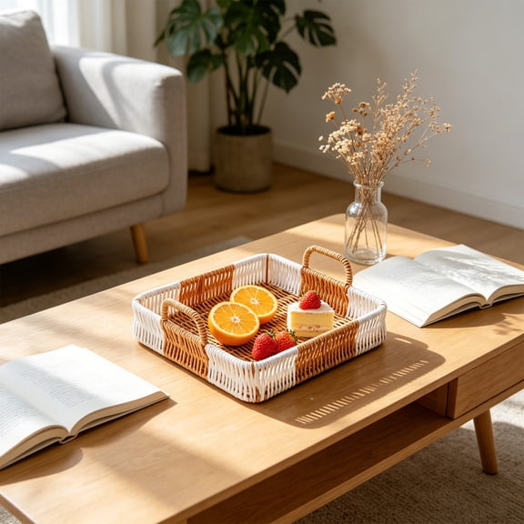 Woven Style Plastic Serving Tray Flat Base Handled Fruit Basket Organizer in Yellow for Kitchen Coffee Table Decor