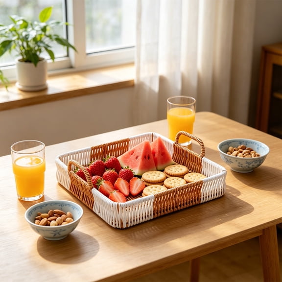 Woven Style Plastic Serving Tray Flat Base Handled Fruit Basket Organizer in Yellow for Kitchen Coffee Table Decor