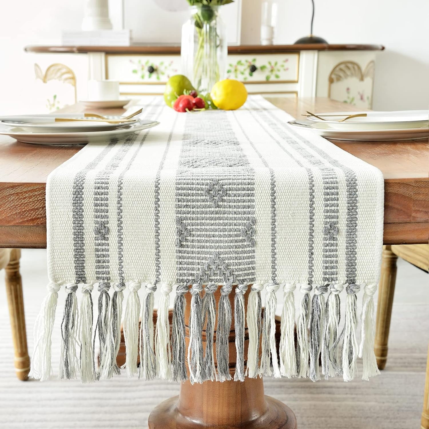 Rustic Modern Table Runner Woven Table Runner 14 x 90 inches Grey and White Rustic Table Runners ...