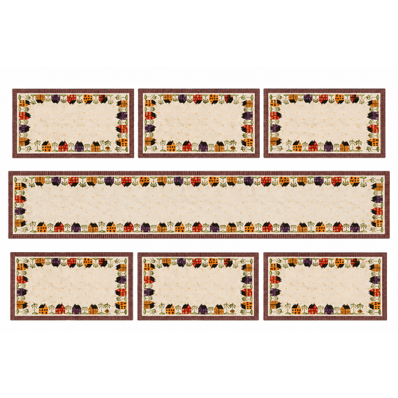 Woven Table Runner and Placemat Set – Colorful Vintage Abstract Border Design, Decorative Fabric Mats for Dining Table, Kitchen & Coffee Table (Mat 13x18" & Runner 13x54")