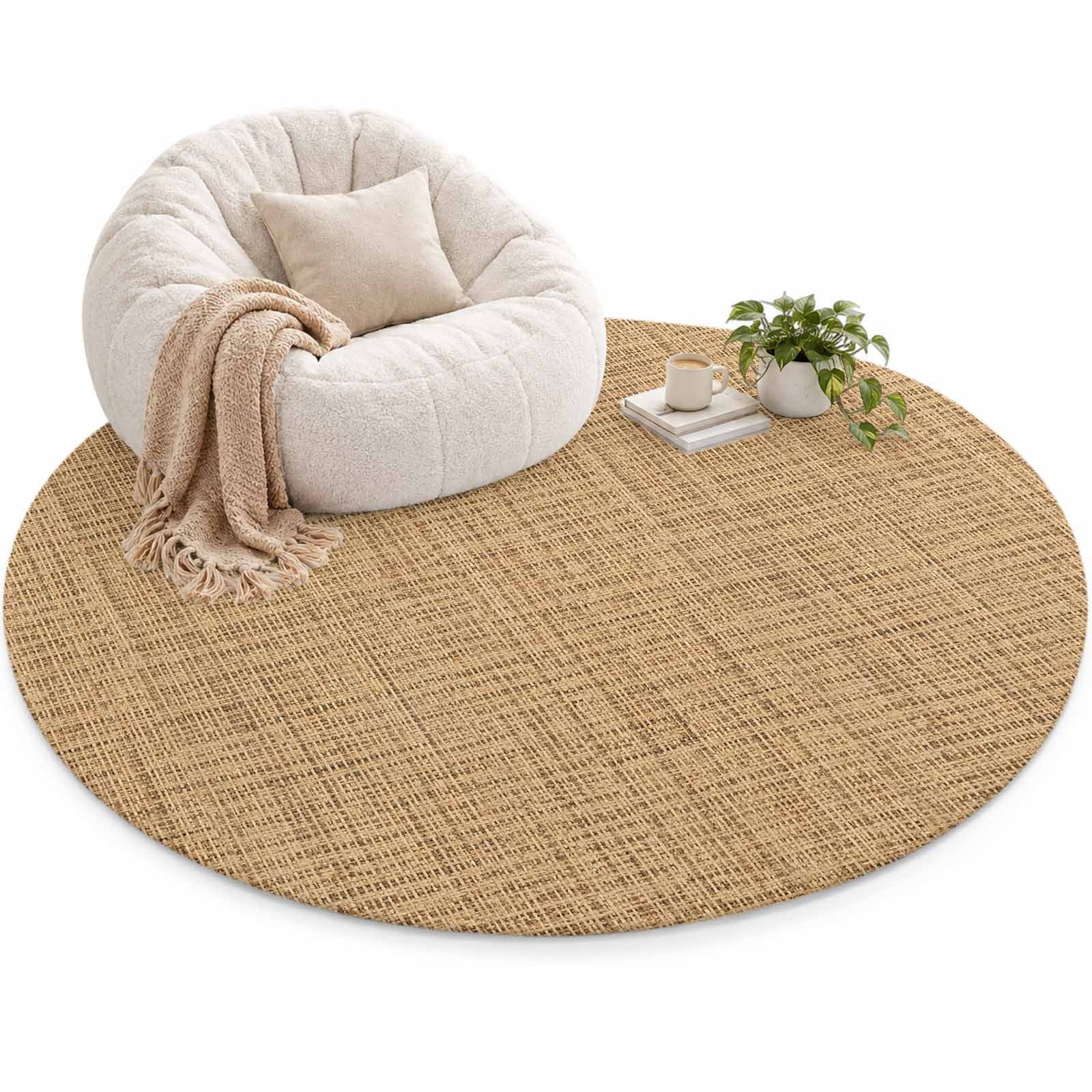 Woven Texture Area Rug 4', Brown Tan Linen Style Rustic Farmhouse ...