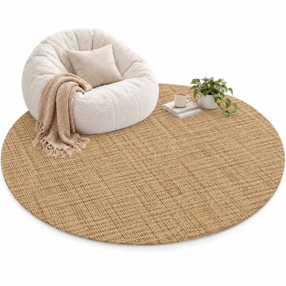 Woven Texture Area Rug 4', Brown Tan Linen Style Rustic Farmhouse ...