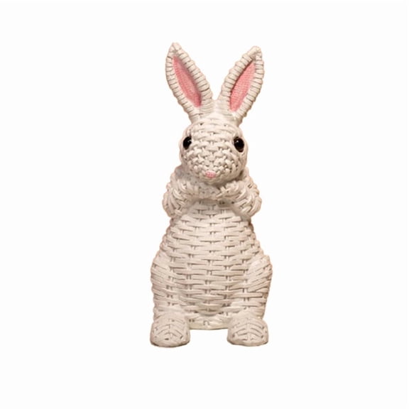 Woven Texture Bunny Figurine, Staron Resin Easter Ornament with Folded Hands, Light Brown Wicker Style Decor for Home Shelf Tabletop Patio