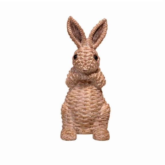 Woven Texture Bunny Figurine, Staron Resin Easter Ornament with Folded Hands, Light Brown Wicker Style Decor for Home Shelf Tabletop Patio
