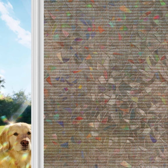 Woven Texture Rainbow Window Privacy Film, Terracotta Straw Weave Check Rustic Farmhouse Stained Glass Window Film, Sun Blocking Glass Clings Non Adhesive Door Stickers 17.7 x 39.3 Inches
