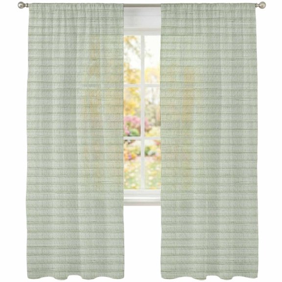 Woven Texture Sheer Curtains 108 Inches Long 2 Panels, Light Green Straw Weave Check Rustic Farmhouse Semi Sheer Rod Pocket Window Curtains Light Filtering Drapes for Living Room Bedroom