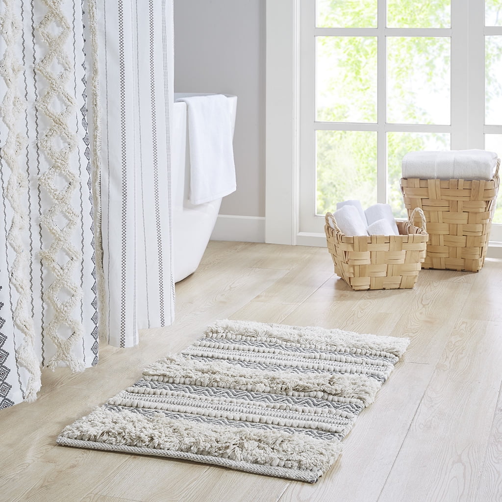 Woven Texture Stripe Bath Rug Grey 20x32 Inches Boho Handwoven Bathroom Mat Non-Slip Latex Backing Machine Washable