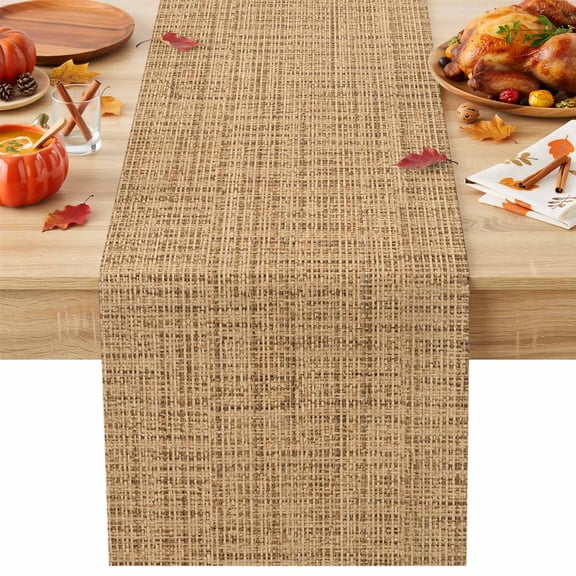 Woven Texture Table Runner, Brown Tan Linen Style Rustic Farmhouse Vintage Cotton Linen Kitchen Table Decoration Washable Dining Tabletop Runners for Home Party Decor 18x72 Inches