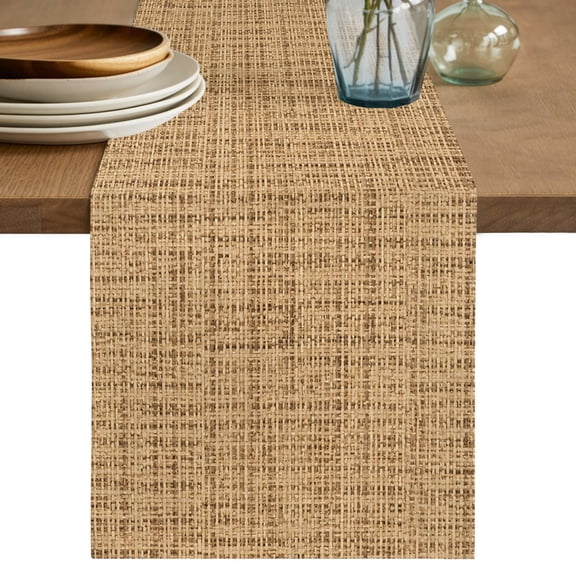 Woven Texture Table Runner, Brown Tan Linen Style Rustic Farmhouse Vintage Cotton Linen Table Cloth, Tablerunner for Kitchen Dining Party Wedding Home Decor 13x36 Inch