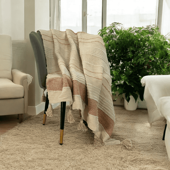 Woven Textured Ivory Sofa Throw by Lushlyf