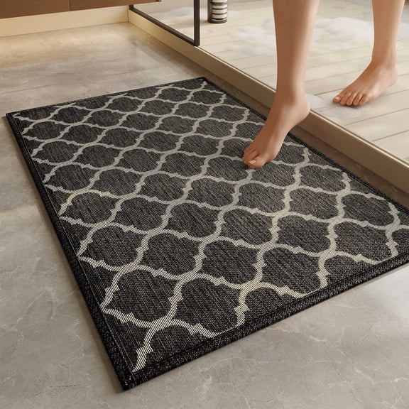 Woven Textured Mat Entry Rug - 19.6*31.4 inch Kitchen Rugs Non-Slip Soft Area Rugs for Bedroom Grey Distressed Bathroom Mats Indoor Doormat Carpet for Entryway Laundry Room Living Room Bedside，Black
