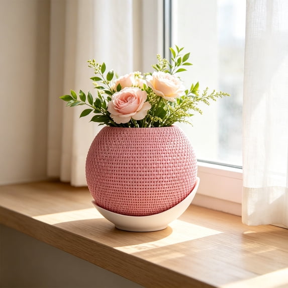 Woven Textured Two-Tone Small Flower Pot Decorative Bonsai Planter With Saucer For Living Room Home Desk