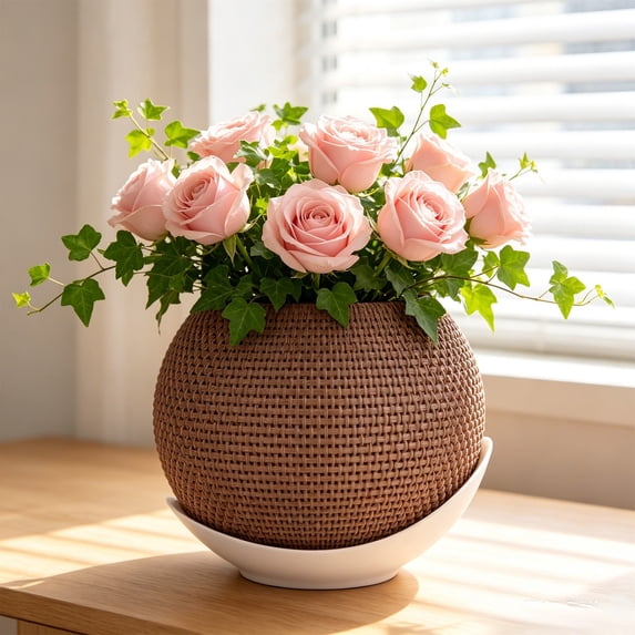 Woven Textured Two-Tone Small Flower Pot Decorative Bonsai Planter With Saucer For Living Room Home Desk