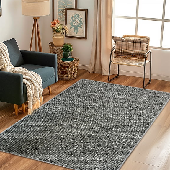 Woven Textured Washable Area Rug, Non Slip Pet Friendly Rug, Stain Resistant Low Pile Indoor Carpet for Living Room Bedroom Kitchen, Durable Absorbent Non-Shedding Rug for High Traffic Areas