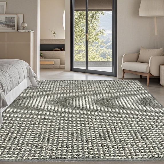 Woven Textured Washable Area Rug, Non Slip Pet Friendly Rug, Stain Resistant Low Pile Indoor Carpet for Living Room Bedroom Kitchen, Durable Absorbent Non-Shedding Rug for High Traffic Areas