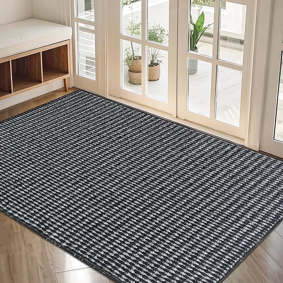 Woven Textured Washable Area Rug, Non Slip Pet Friendly Rug, Stain Resistant Low Pile Indoor Carpet for Living Room Bedroom Kitchen, Durable Absorbent Non-Shedding Rug for High Traffic Areas