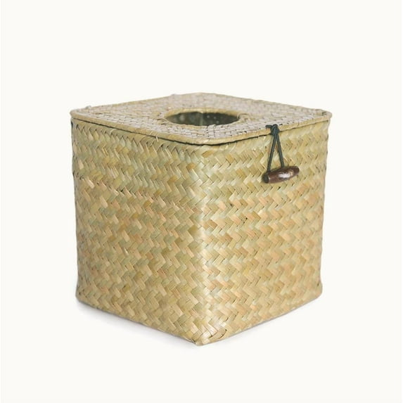 Woven Tissue Box Cover, Straw Storage and Car Use (Black, Square)