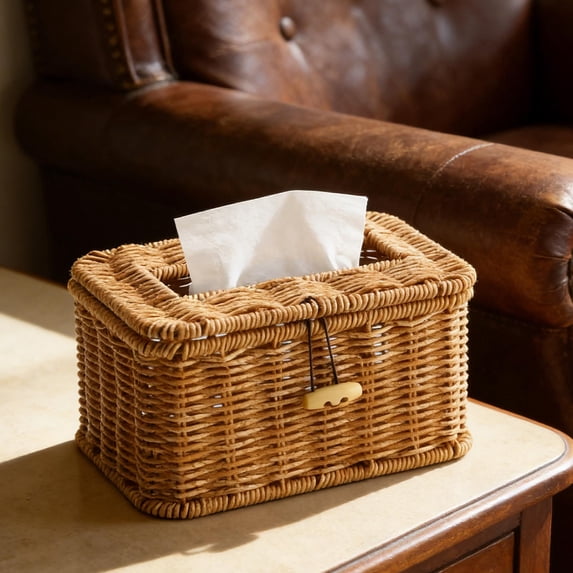 Woven Tissue Box Holder 3-Pack | Beige Straw Storage Box for Living Room Coffee Table, Multifunctional Tabletop Organizer for Bathroom Bedroom Office | Handmade Plastic Basket with Lid