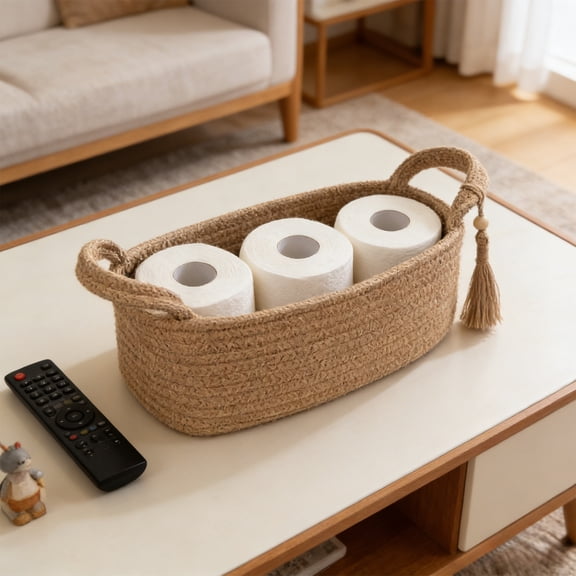Woven Toilet Paper Storage Basket | Decorative Bathroom Organizer for Toilet Tank Top, Countertops & Shelves | Natural Polyester Weave in Brown, White or Green | 13.5x3.93 Inches | 1-Pack