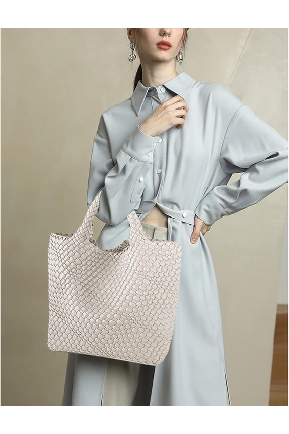 Woven Tote Bag For Women, Vegan Leather Handmade Summer Beach Travel Hand Bag And Purse Satchel (Beige)