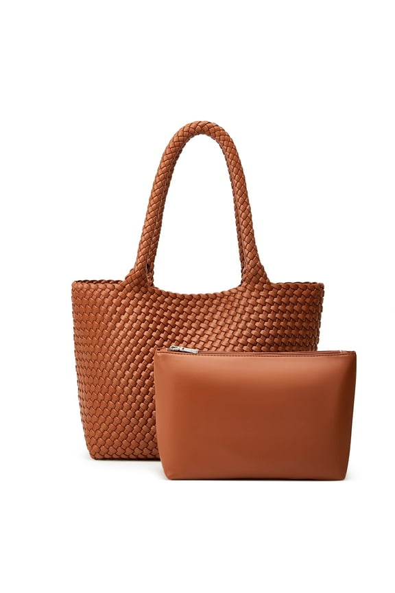 Woven Tote Bag Womens Purse: Vegan Leather Shoulder Handbags - Fashion Summer Beach Tote Bags - Large Travel Totes Handwoven Satchel for Holidays (Brown Color)