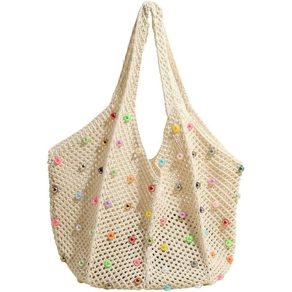 Woven Tote Bag for Wineb Crochet Hobo Bags Beaded Shoulder Bag Trendy Knit Hollow Summer Beach Handbag Purse