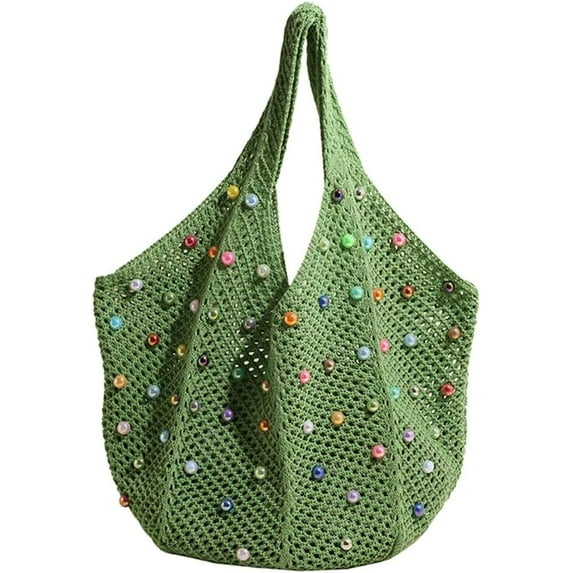 Woven Tote Bag for Wineb Crochet Hobo Bags Beaded Shoulder Bag Trendy Knit Hollow Summer Beach Handbag Purse