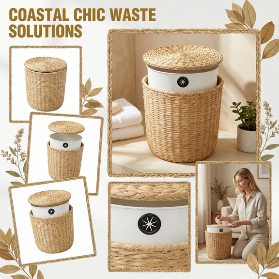Woven Trash Can with Lid and Liner, Decorative Boho Waste Basket for Bathroom, Handcrafted Faux Rattan Garbages Bin with Inner Bucket, Minimalist Coastal Style Wastebasket for Home Office