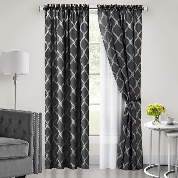 Woven Trends 2-Pack Double Layer Light Filtering Curtains, Moroccan Trellis and Modern Lattice Curtains for Living Room and Bedroom, Rod Pocket Panel Set of Two, 52" x 84", Black