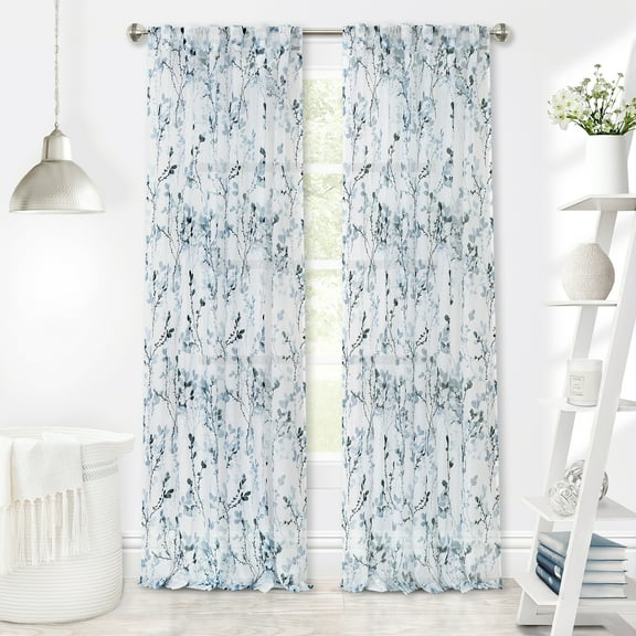 Woven Trends 2-Pack Floral Semi Sheer Floral Curtains for Living Room and Bedroom, Shabby Chic Botanical Light Filtering Curtains, Set of 2, 52" W x 63" L, Light Blue