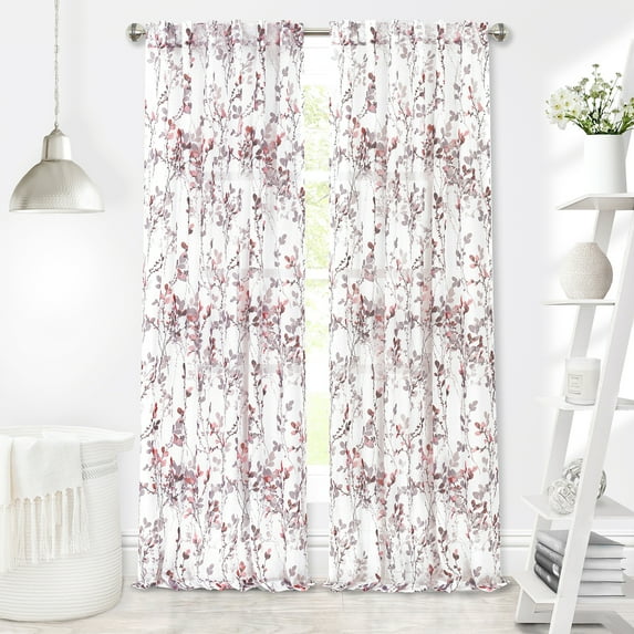 Woven Trends 2-Pack Floral Semi Sheer Floral Curtains for Living Room and Bedroom, Shabby Chic Botanical Light Filtering Curtains, Set of 2, 52" W x 84" L, Light Pink
