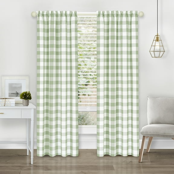 Woven Trends 2-Pack Semi Sheer Checkered Curtains, Rustic Farmhouse Gingham Curtains for Bedroom, Living Room, Kitchen, 2-Pack Panels, 42" W x 84" L, Light Green