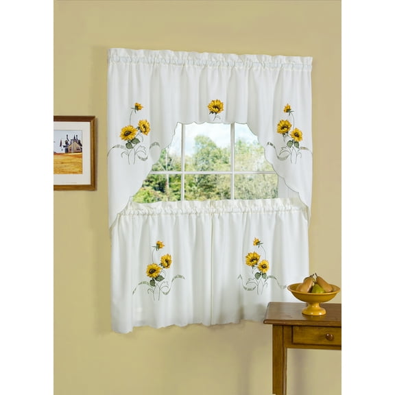 Woven Trends 24L x 57W Inches Light Filtering Window Kitchen Curtain Set, 3-Piece Sunflower Themed Cafe Curtain with Swag and Tier Panels Set, Embellished Small Tier Pair with Valance, Multicolor