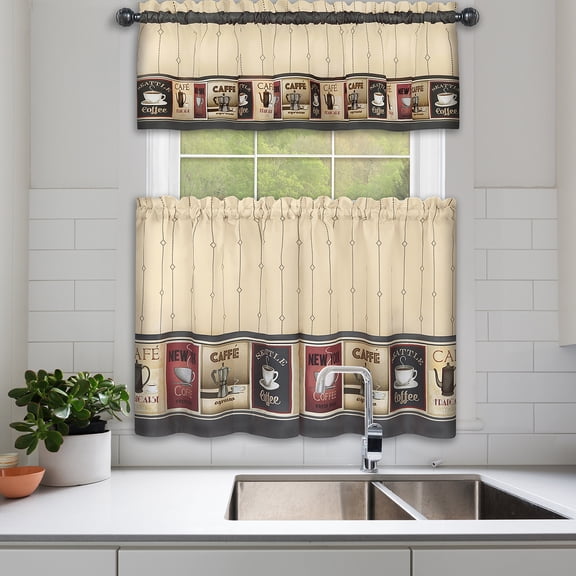 Woven Trends 3-Piece Retro Coffee Paint Window Kitchen Curtain Set, 58"W x 24"L Rich Warm Hues Vintage Coffee Houses Tier Pair and Valance Set, Top Rod Pocket with Diamond Stripe Design, Beige/Black