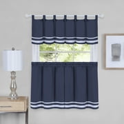 Woven Trends 3-Piece Solid Stripes Kitchen Curtain Set, Tier Pair Panel Curtains and Valances for Kitchen, Dining Room, Living Room, Bathroom Curtains, 58" W x 24" L, Navy Blue