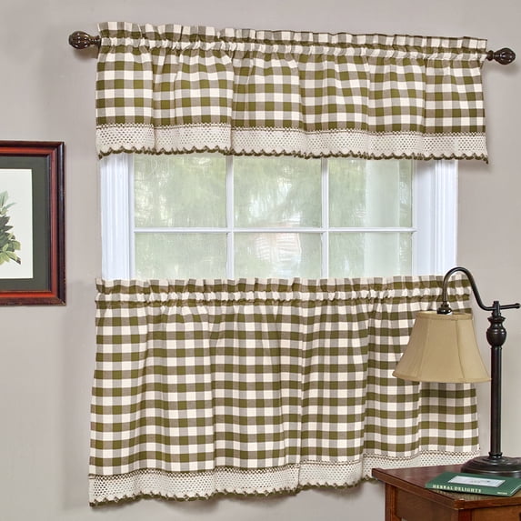 Woven Trends 3-Piece Tier and Valance Set, Window Kitchen Curtains Checkered Plaid Gingham Design, 29W x 24L Inches Farmhouse Tier Panels, Buffalo Cafe Curtain with Swag and Tier Pair Set, Taupe