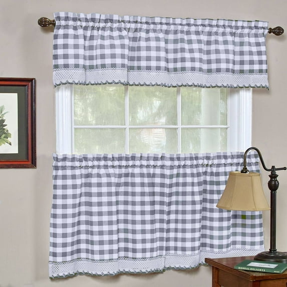 Woven Trends 3-Piece Tier and Valance Set, Window Kitchen Curtains Checkered Plaid Gingham Design, 29W x 24L Inches Farmhouse Tier Panels, Buffalo Cafe Curtain with Swag and Tier Pair Set, Grey
