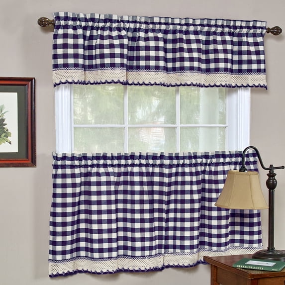 Woven Trends 3-Piece Tier and Valance Set, Window Kitchen Curtains Checkered Plaid Gingham Design, 29W x 24L Inches Farmhouse Tier Panels, Buffalo Cafe Curtain with Swag and Tier Pair Set, Navy