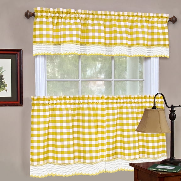 Woven Trends 3-Piece Tier and Valance Set, Window Kitchen Curtains Checkered Plaid Gingham Design, 29W x 36L Inches Farmhouse Tier Panels, Buffalo Cafe Curtain with Swag and Tier Pair Set, Yellow