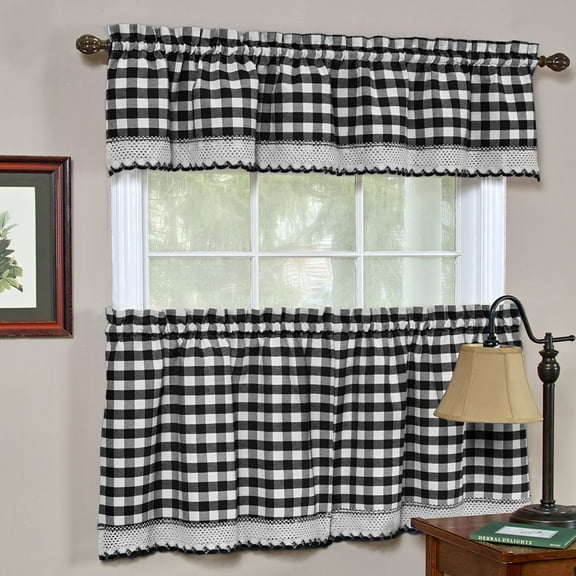 Woven Trends 3-Piece Tier and Valance Set, Window Kitchen Curtains Checkered Plaid Gingham Design, 29W x 36L Inches Farmhouse Tier Panels, Buffalo Cafe Curtain with Swag and Tier Pair Set, Black