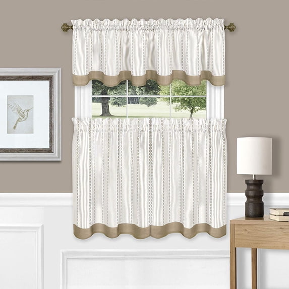 Woven Trends 3-Piece Window Kitchen Curtain Set, 58"W x 36"L Inches Double Layer Pinstripes, Window Tier Panels and Valance Set, Top Rod Pocket Light Filtering with Geometric Designed, Taupe