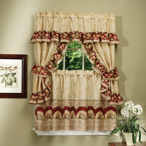 Woven Trends 3-Pieces Window Kitchen Curtain Set, 57W x 36L Inches Tier Panels and Valance with Sunflower Print Set, Ruffled Window Cafe Curtains, Perfect Window Treatment for Room Decor, Multicolor