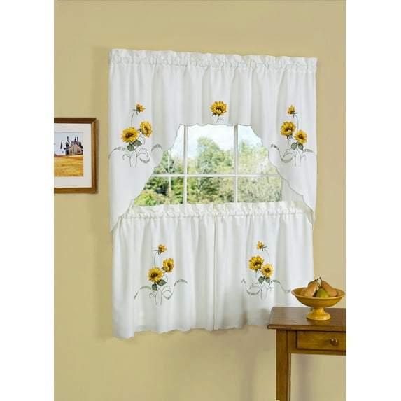 Woven Trends 36L x 57W Inches Light Filtering Window Kitchen Curtain Set, 3-Piece Sunflower Themed Cafe Curtain with Swag and Tier Panels Set, Embellished Small Tier Pair with Valance, Multicolor