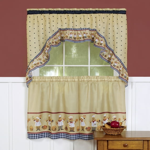 Woven Trends 3-Pieces Embellished Window Kitchen Curtain Set, Tier Panels and Valance Set, Ruffled Window Cafe Curtains with Swag and Tier Panel Set, Perfect Window Treatment, Multi-Color