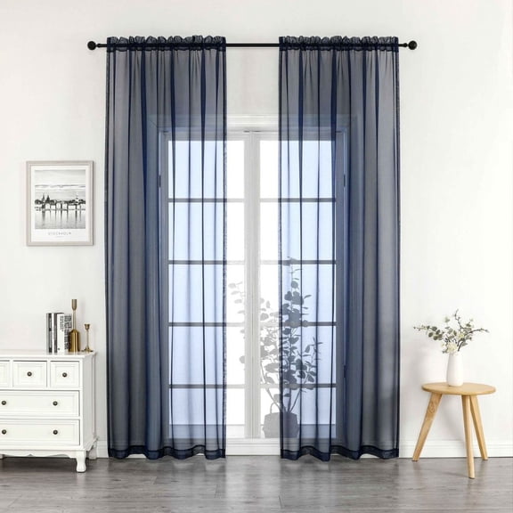 Woven Trends Crystal Sheer Voile Curtain Panels - Solid Rod Pocket Window Treatments with Light Filtering Sheers for Living Room, Bedroom Drapes 2-Pack Panels, 52"W x 95"L, Navy