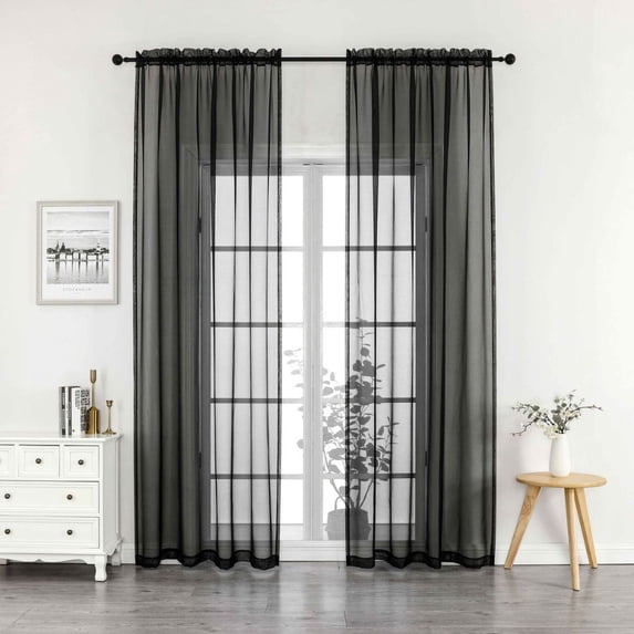 Woven Trends Crystal Sheer Voile Curtain Panels - Solid Rod Pocket Window Treatments with Light Filtering Sheers for Living Room, Bedroom Drapes 2-Pack Panels, 52"W x 95"L, Black