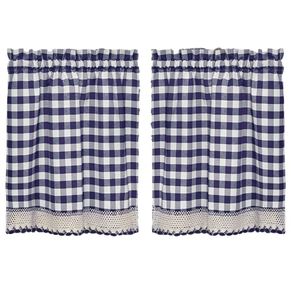 Woven Trends Designer Home Modern Kitchen Curtain Panels, 24L x 29W Inches Blackout Window Tier Pair Set, Premimum Cotton Blend Buffalo Classic Country Plaid Gingham Checkered Design, Navy