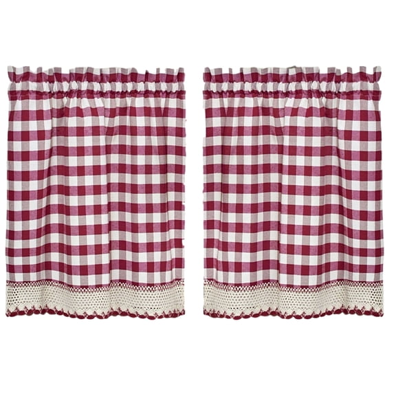 Woven Trends Designer Home Modern Kitchen Curtain Panels, 24L x 29W Inches Blackout Window Tier Pair Set, Premimum Cotton Blend Buffalo Classic Country Plaid Gingham Checkered Design, Burgundy