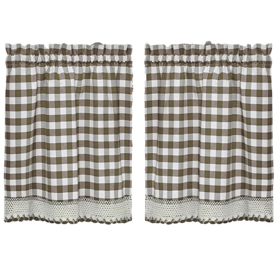 Woven Trends Designer Home Modern Kitchen Curtain Panels, 36L x 29W Inches Blackout Window Tier Pair Set, Premimum Cotton Blend Buffalo Classic Country Plaid Gingham Checkered Design, Taupe