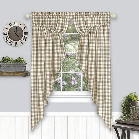 Woven Trends Farmhouse Curtains, Buffalo Plaid Curtain Shades, Gathered Swag Set, Classic Country Plaid Gingham Checkered Design, Farmhouse Decor, 72" x 63" Gathered Swag Pair (2-Pack), Taupe
